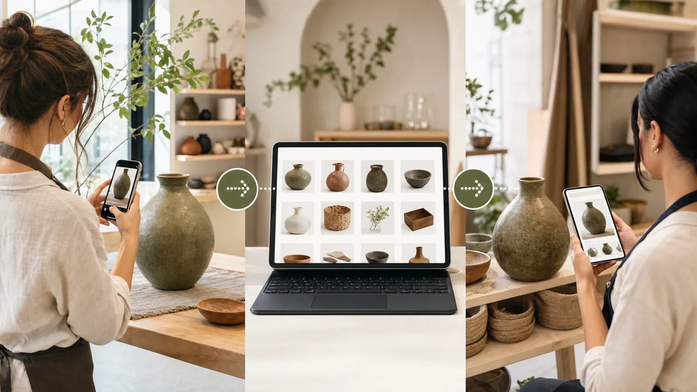 Three-step workflow from example photos to catalog upload to phone item identification