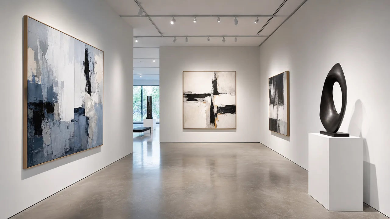 Minimal fine art gallery with abstract paintings and sculpture