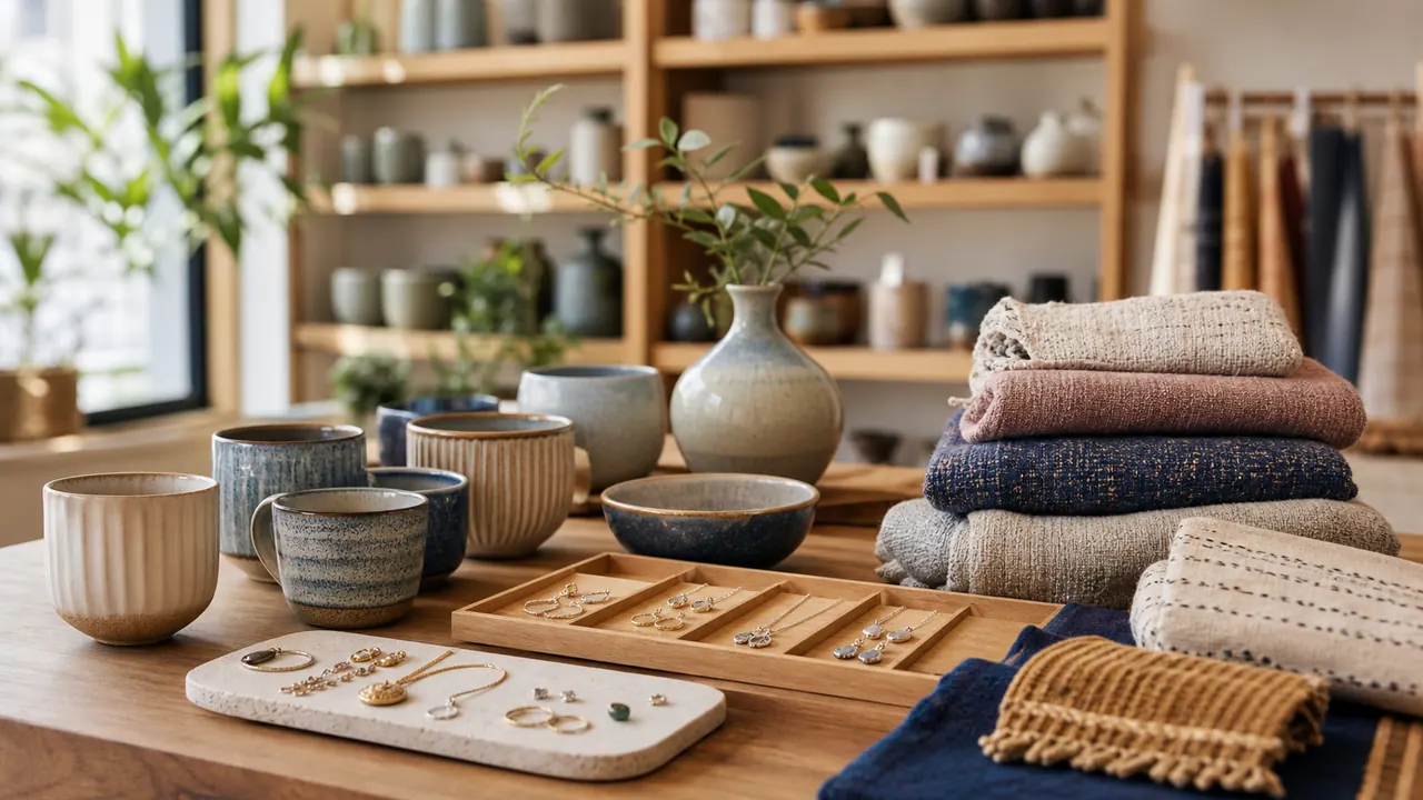 Artisan boutique with handmade ceramics, pottery, and framed prints