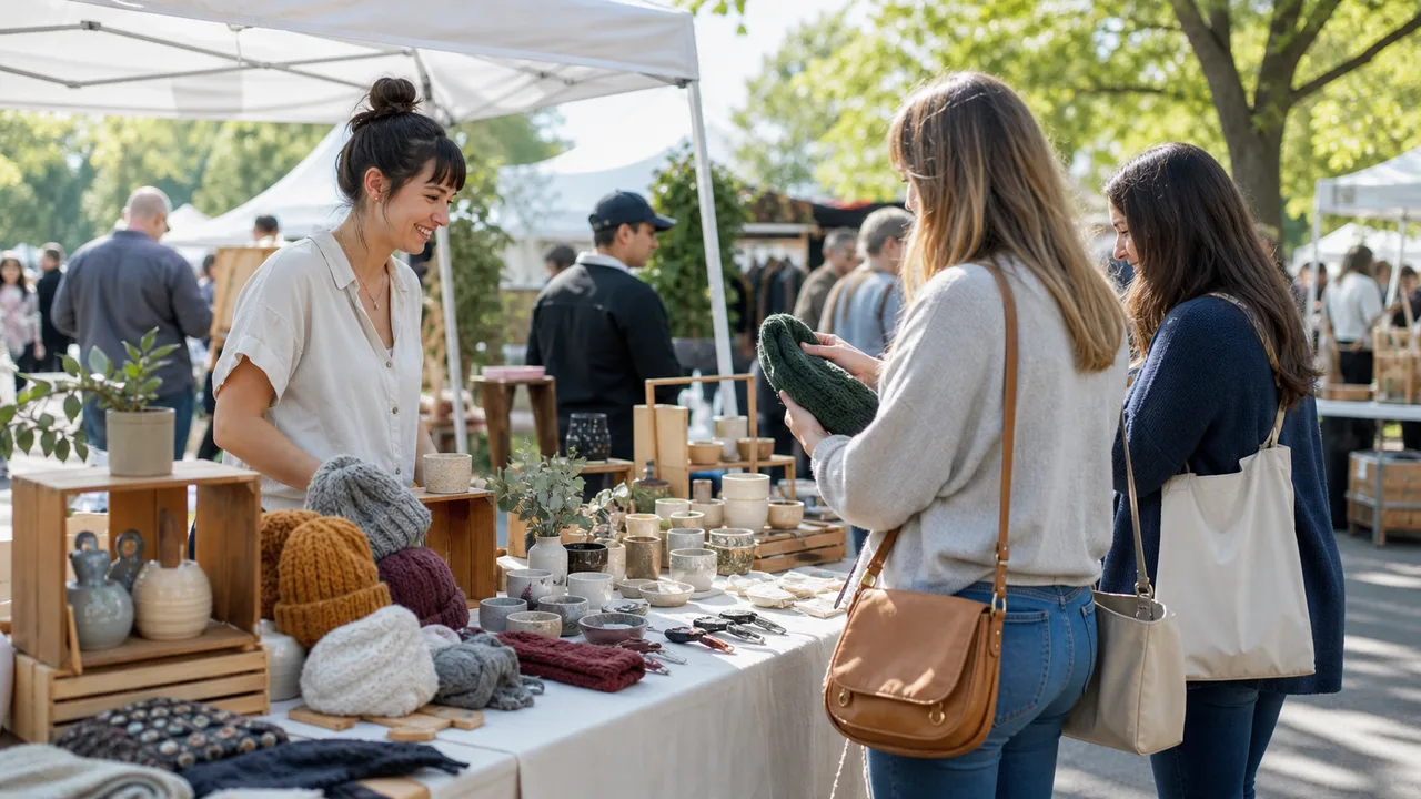 Sunny artisan pop-up market booth with handcrafted goods